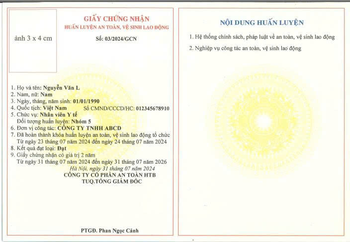 Chứng chỉ Huấn luyện an toàn vệ sinh lao động